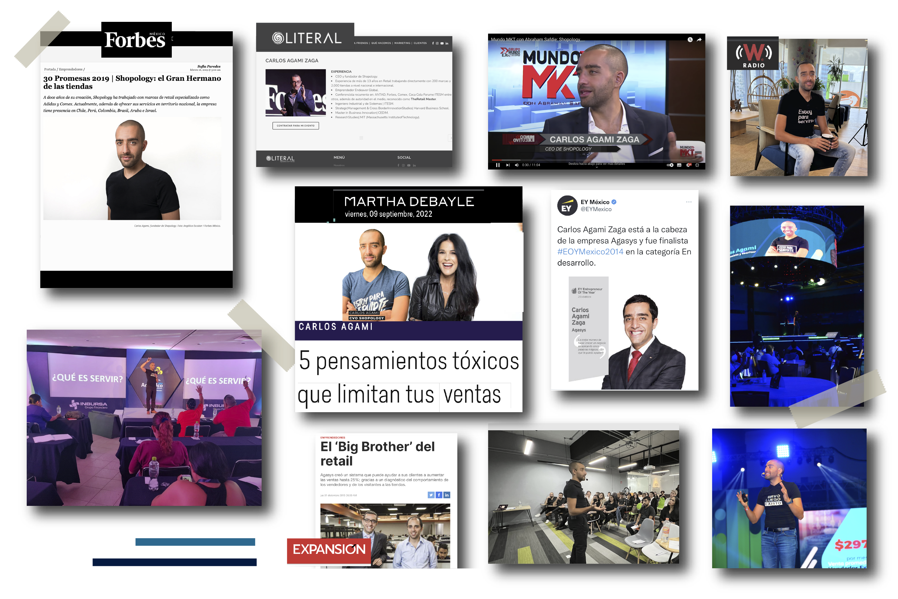 Mosaico de apariciones de Carlos Agami en medios, pódcast y escenarios
