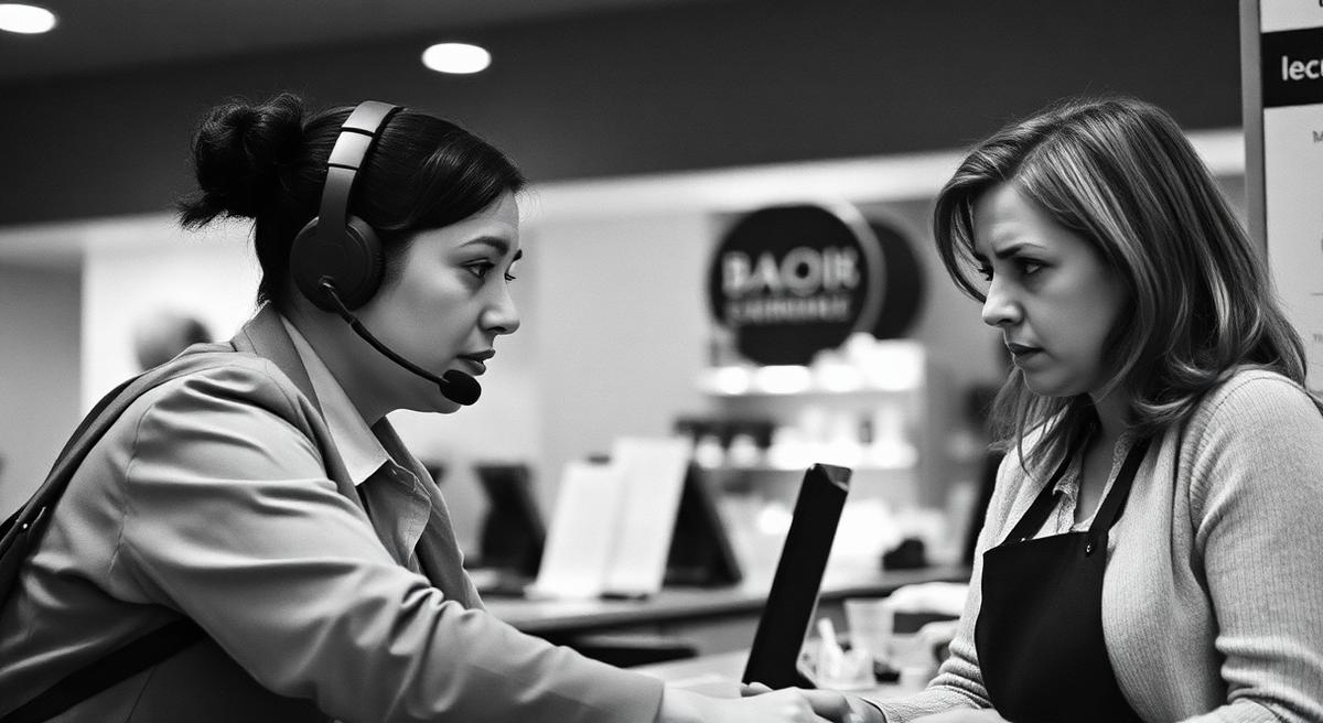 Auricular de telefonía sobre un escritorio con notas, en blanco y negro