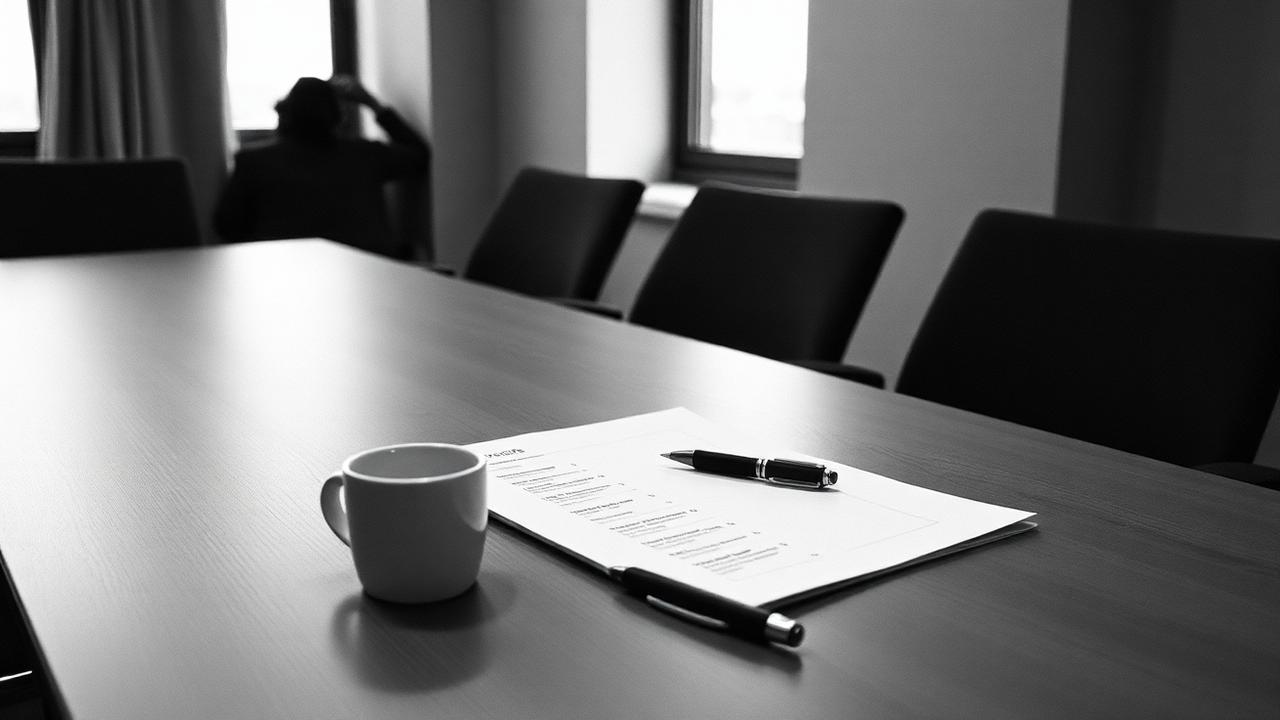 A meeting room with a printed event agenda on the table
