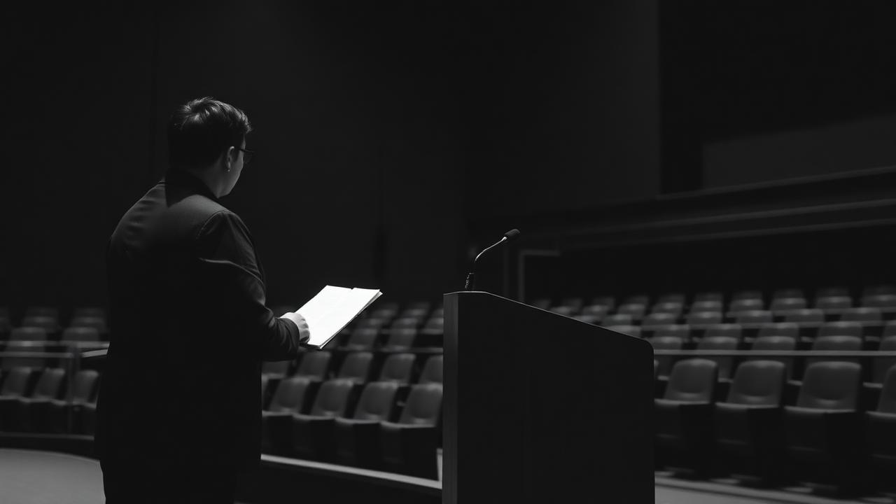 A person rehearsing at a lectern in an empty room