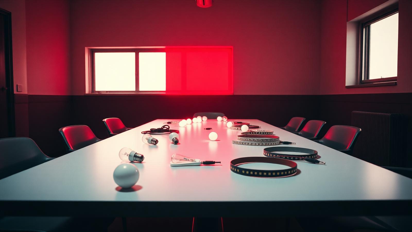 Mesa de juntas de una fábrica con muestras de focos y tiras LED