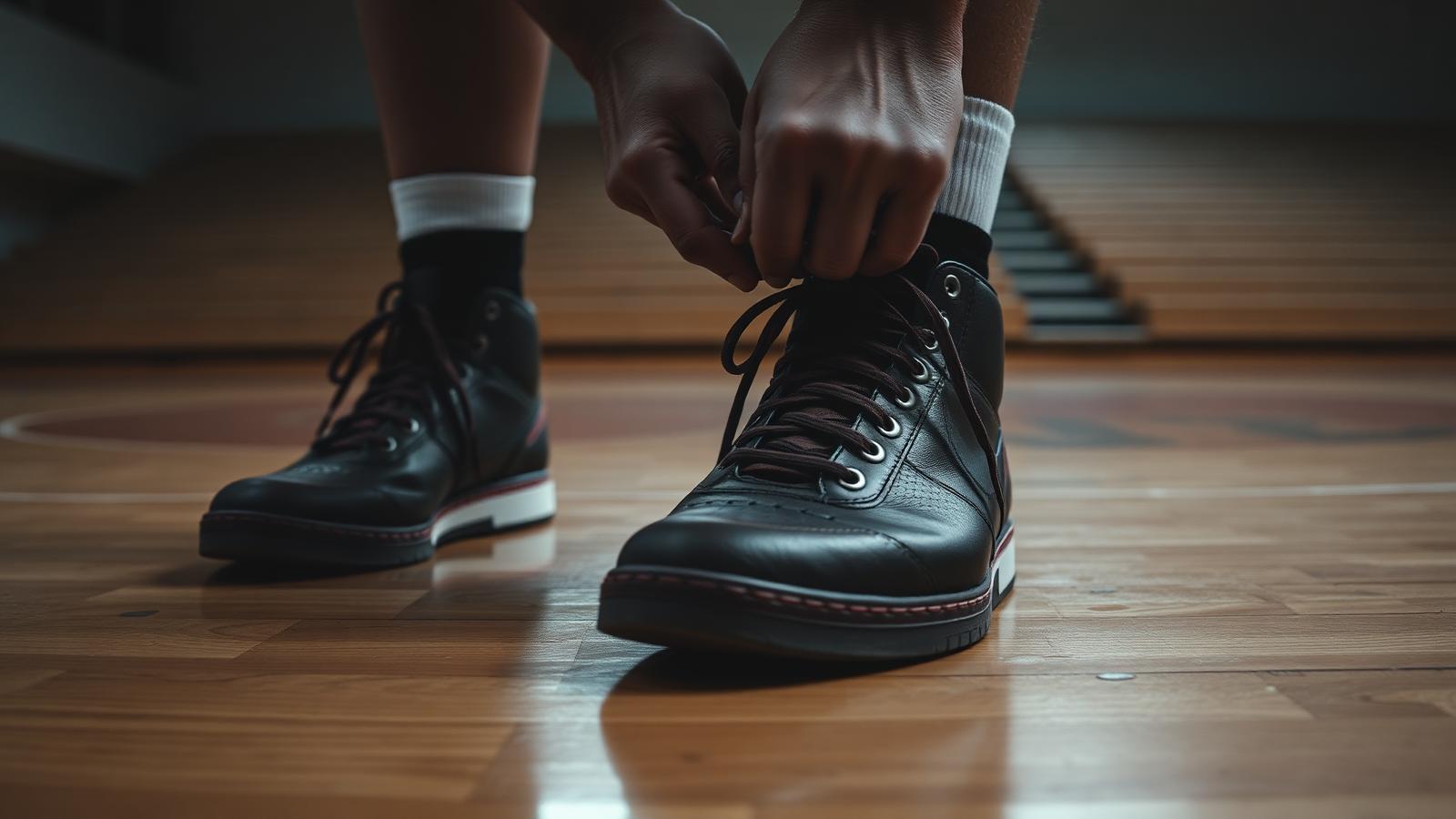 Manos amarrando las agujetas de unos tenis de basquetbol sobre una duela de gimnasio