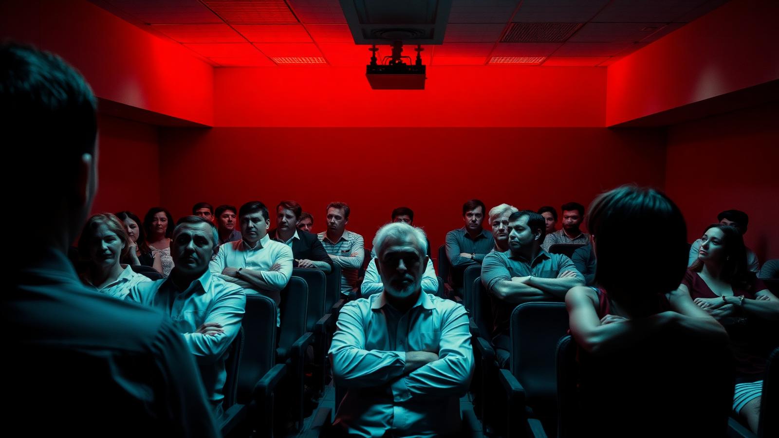 Vista desde el escenario hacia un grupo de personas sentadas en una sala de capacitación