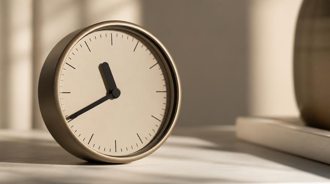 Reloj analógico minimalista mostrando aproximadamente las 11:40 sobre una superficie despejada con luz suave