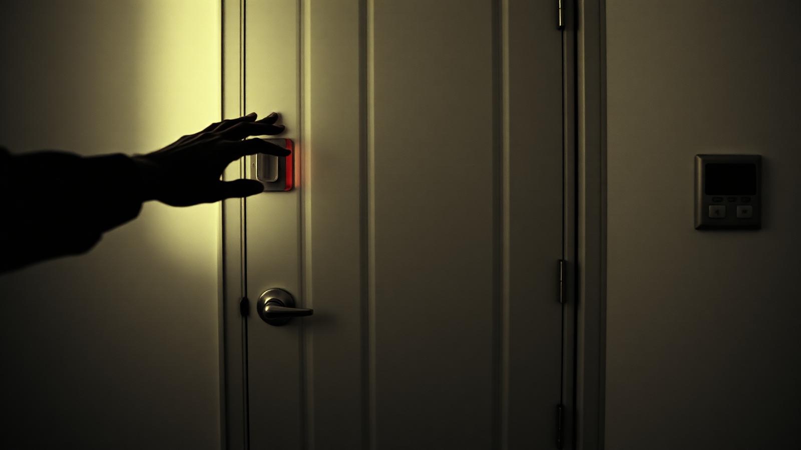 Una mano a punto de tocar una puerta cerrada en un pasillo