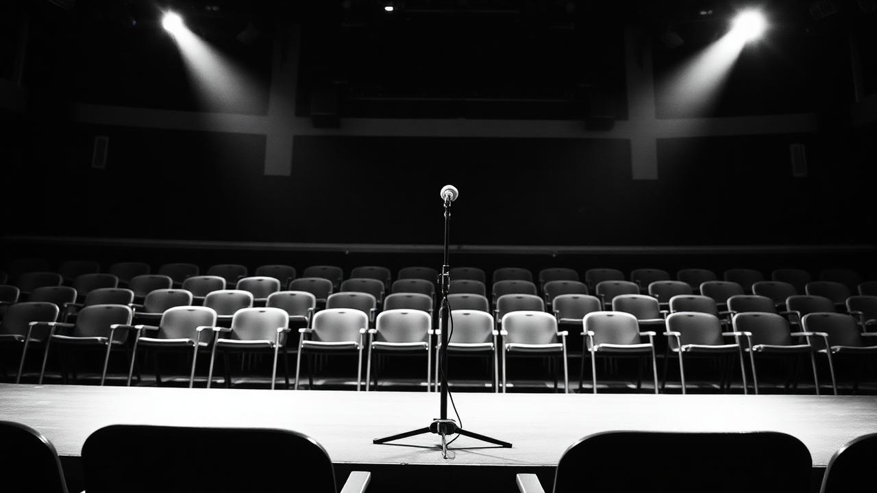 A microphone on an empty stage facing a room full of chairs