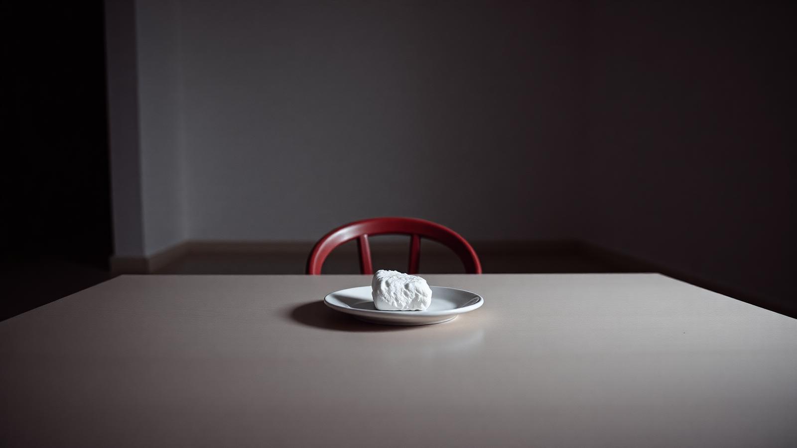 Un solo malvavisco sobre un plato en el centro de una mesa vacía